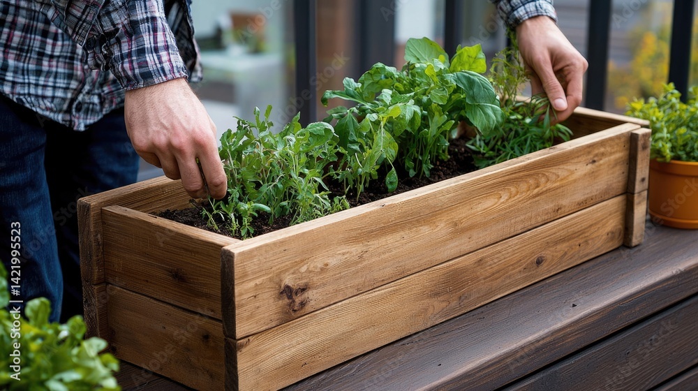 Gardener tending to herbs in a wooden planter box.