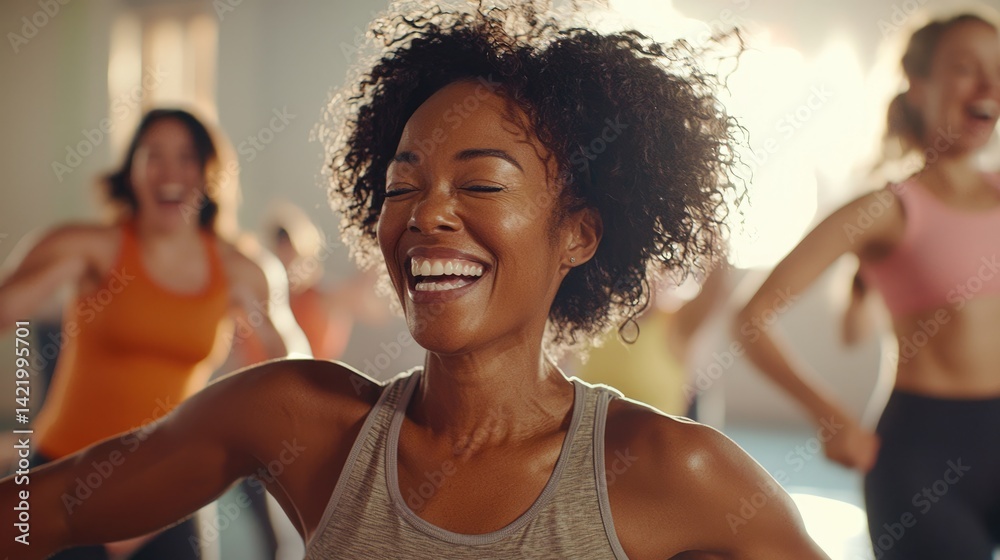 Joyful woman dancing in a fitness class with friends.