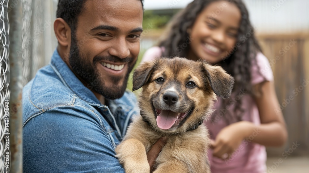 A man and girl joyfully interact with a puppy outdoors.