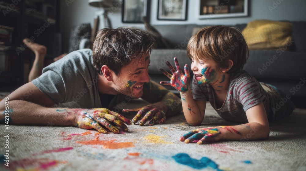 A joyful interaction between a parent and child covered in paint.