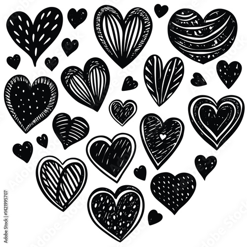 Red and Black Heart Patterns Clipart,
Cute Love Heart Design with Dots and Stripes,
Hand-Drawn Red Hearts with Decorative Patterns.