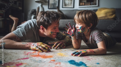Obraz na płótnie A joyful interaction between a parent and child covered in paint. w salonie