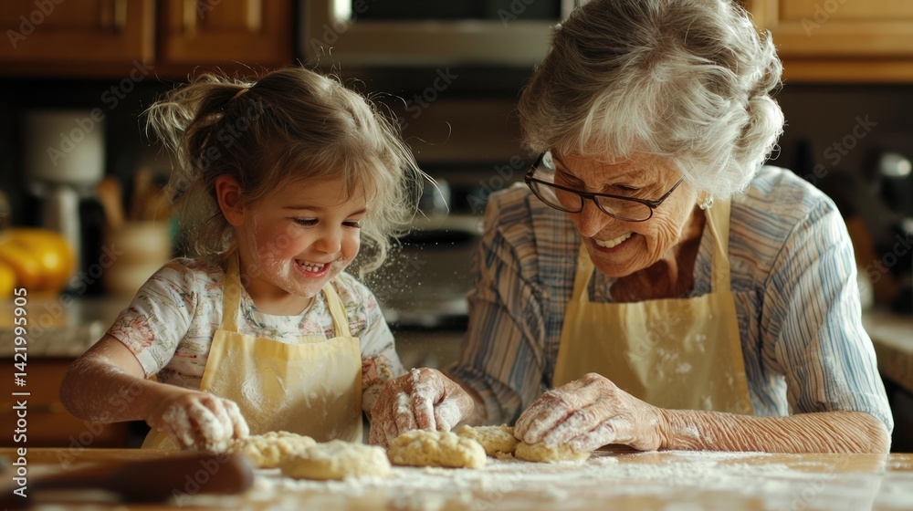 Joyful baking moments between a grandmother and granddaughter.