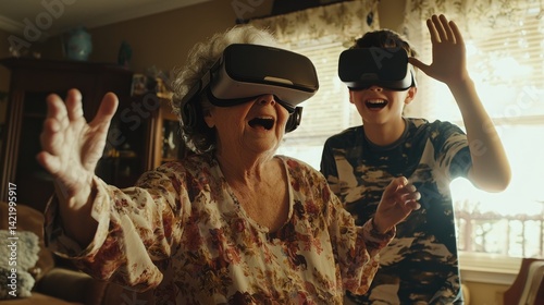 Enjoying virtual reality together across generations.