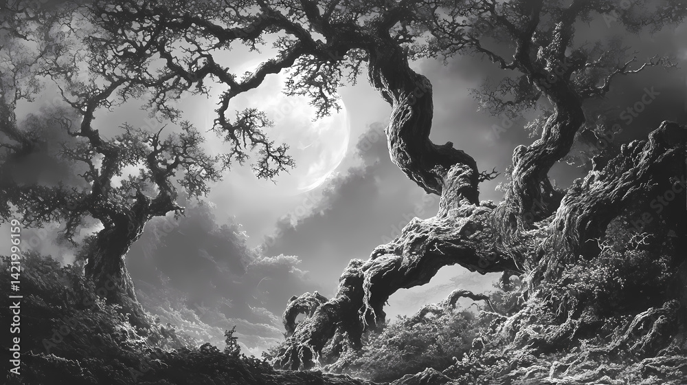Ancient, twisted trees with gnarled branches and trunks, weathered to perfection, stand sentinel in a misty, moonlit forest, exuding mystery and eerie serenity. Moonlit Warp. Illustration
