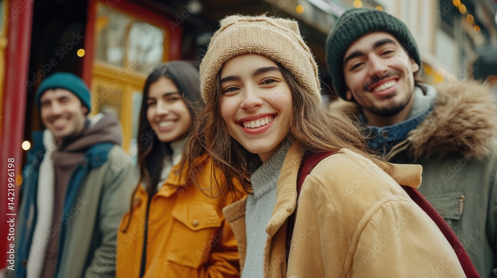 Smiling friends enjoying a vibrant urban setting together.