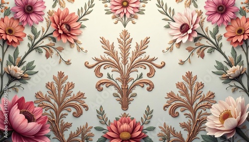 Intricate floral damask wallpaper in muted tones, fabric, pastel, muted