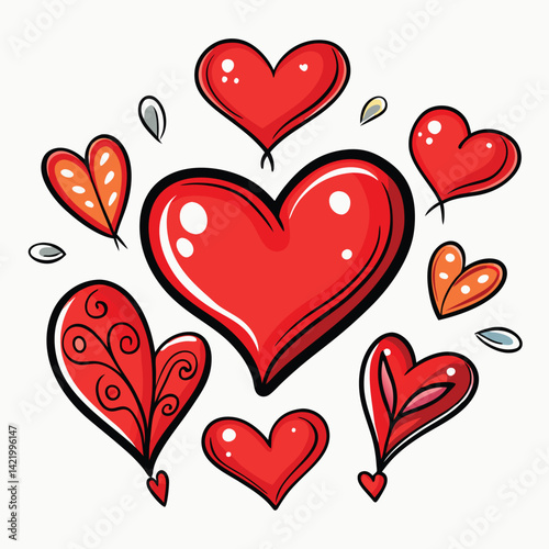 Red and Black Heart Patterns Clipart,
Cute Love Heart Design with Dots and Stripes,
Hand-Drawn Red Hearts with Decorative Patterns.