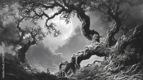 Obraz na płótnie Ancient, twisted trees with gnarled branches and trunks, weathered to perfection, stand sentinel in a misty, moonlit forest, exuding mystery and eerie serenity. Moonlit Warp. Illustration w salonie