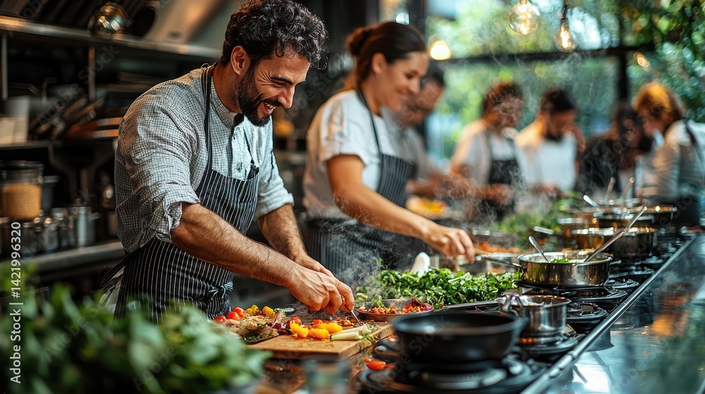 Chefs preparing fresh ingredients in a vibrant kitchen setting.