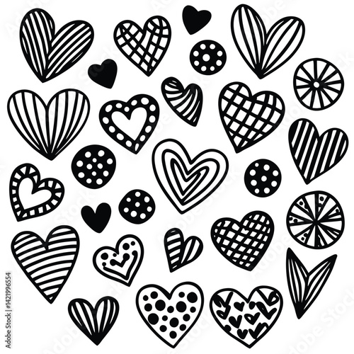 Red and Black Heart Patterns Clipart,
Cute Love Heart Design with Dots and Stripes,
Hand-Drawn Red Hearts with Decorative Patterns.