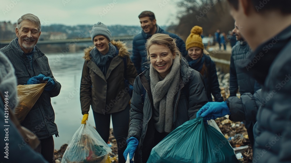 Group cleaning up litter by the water, smiling and engaged in community service.