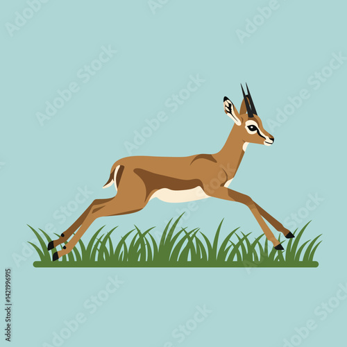 Antelope running in grassy field with blue background vector illustration natural wildlife scene 