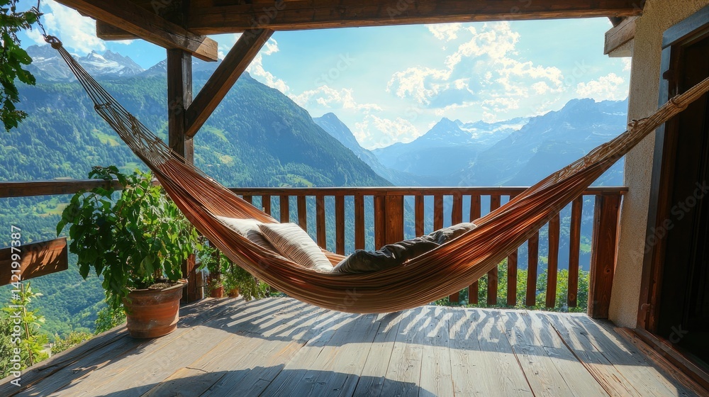 Serene hammock on a balcony with mountain views.