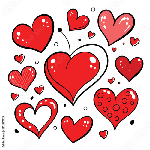 Red and Black Heart Patterns Clipart,
Cute Love Heart Design with Dots and Stripes,
Hand-Drawn Red Hearts with Decorative Patterns.