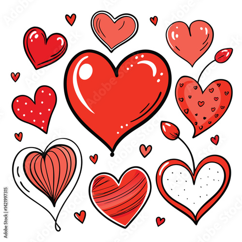 Red and Black Heart Patterns Clipart,
Cute Love Heart Design with Dots and Stripes,
Hand-Drawn Red Hearts with Decorative Patterns.