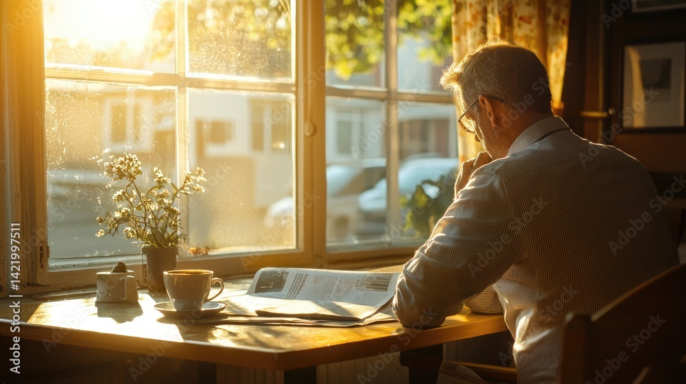 Man working at a table by a sunlit window with coffee and flowers.
