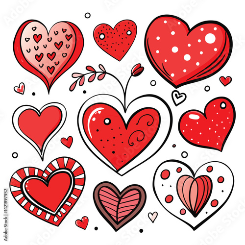 Red and Black Heart Patterns Clipart,
Cute Love Heart Design with Dots and Stripes,
Hand-Drawn Red Hearts with Decorative Patterns.