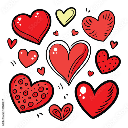 Red and Black Heart Patterns Clipart,
Cute Love Heart Design with Dots and Stripes,
Hand-Drawn Red Hearts with Decorative Patterns.