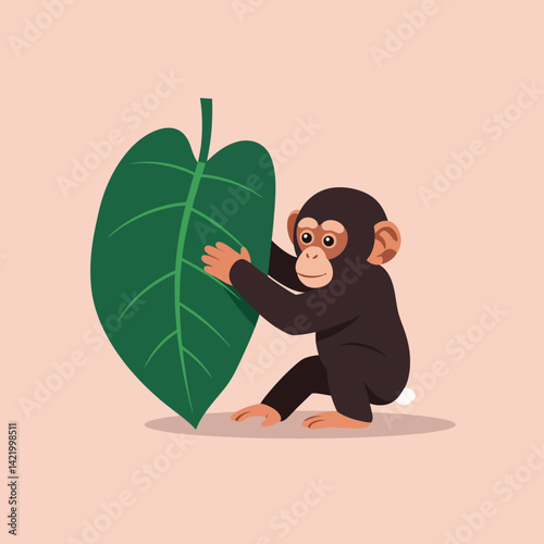 Chimpanzee holding large tropical green leaf vector illustration with beige background natural wildlife scene 