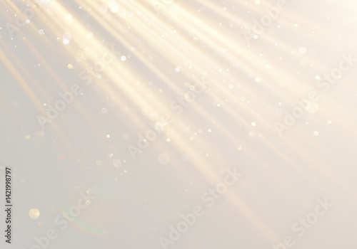 Radiant sunbeams with scattered bokeh and dust particles stream diagonally on transparent background