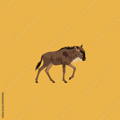Wildebeest walking on plain vector illustration with brown and yellow color scheme natural animal design 