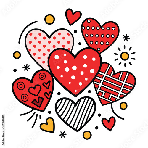 Red and Black Heart Patterns Clipart,
Cute Love Heart Design with Dots and Stripes,
Hand-Drawn Red Hearts with Decorative Patterns.