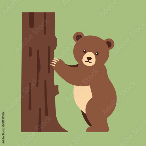 Brown bear standing next to tree trunk on green background simple vector illustration 