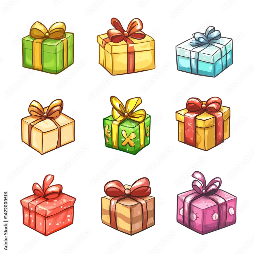 Nine colorful gift boxes with ribbons a collection of presents Nine colorful gift boxes with ribbons a collection of presents