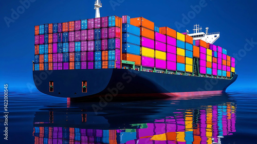 A digital artwork featuring a large cargo ship centered against a deep blue background.