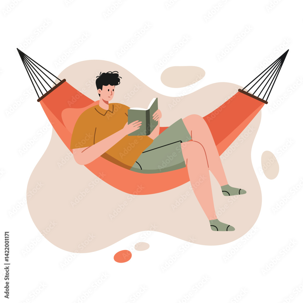 Obraz premium Man Relaxing in Orange Hammock Reading Book Leisure Activity Illustration Vector 