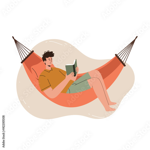 Man Relaxing on Orange Hammock Reading Book Leisure Lifestyle Illustration Vector 