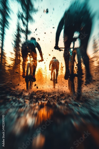 Cyclist in rain wearing red helmet with motion blur