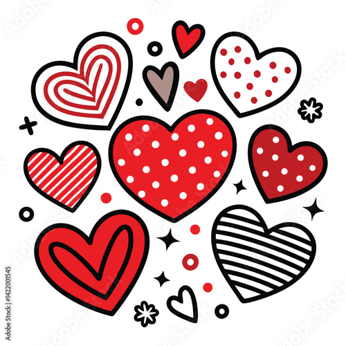 Red and Black Heart Patterns Clipart,
Cute Love Heart Design with Dots and Stripes,
Hand-Drawn Red Hearts with Decorative Patterns.