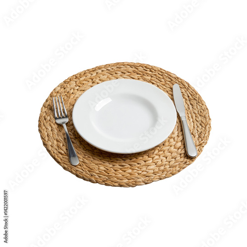 Empty Plate with Cutlery on Woven Placemat, Overhead View