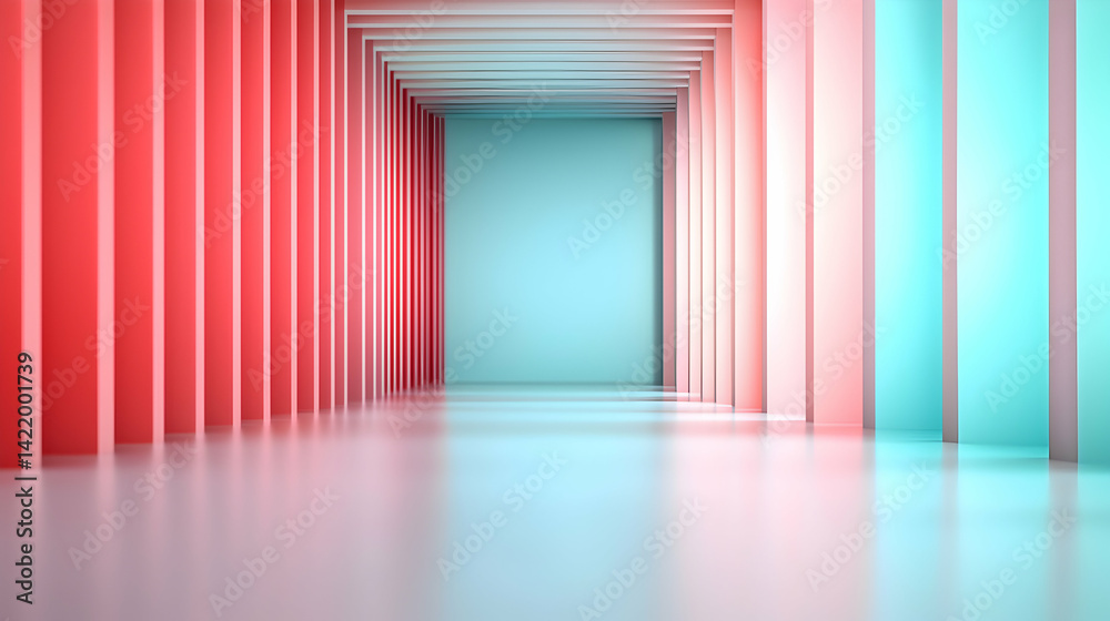 Abstract Pink Teal Corridor with Geometric Columns Abstract Pink Teal Corridor with Geometric Columns
