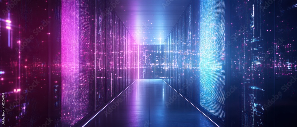 Digital Data Center: Neon Lights and Binary Code Corridor