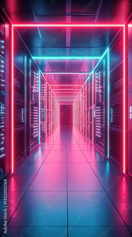Neon Lit Server Room Corridor: A Digital Cyberpunk Dreamscape