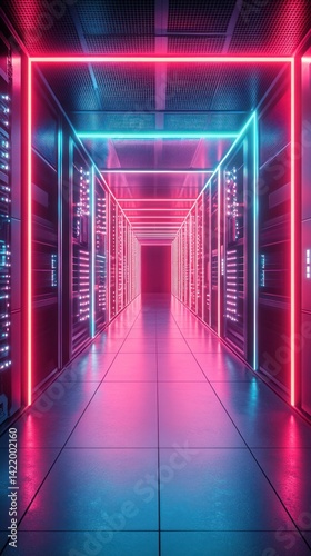 Obraz na płótnie Neon Lit Server Room Corridor: A Digital Cyberpunk Dreamscape w salonie