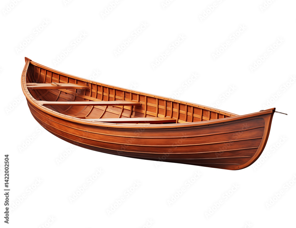 A varnished wooden rowboat with visible seats and ribs isolated against a transparent background space png A varnished wooden rowboat with visible seats and ribs isolated against a transparent background space png