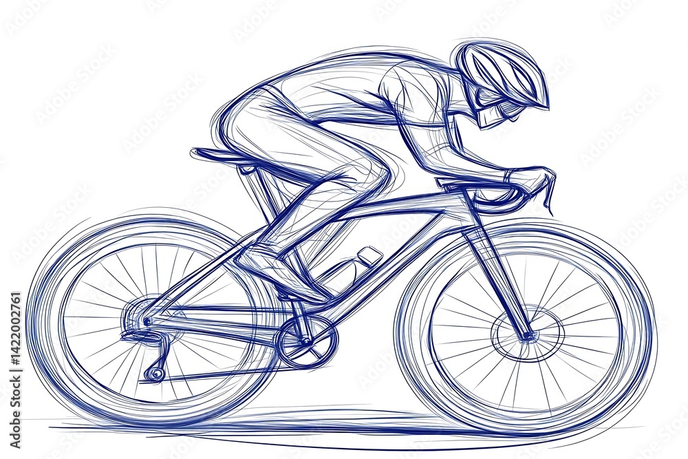 Obraz premium Blue Line Drawing of Cyclist in Racing Position