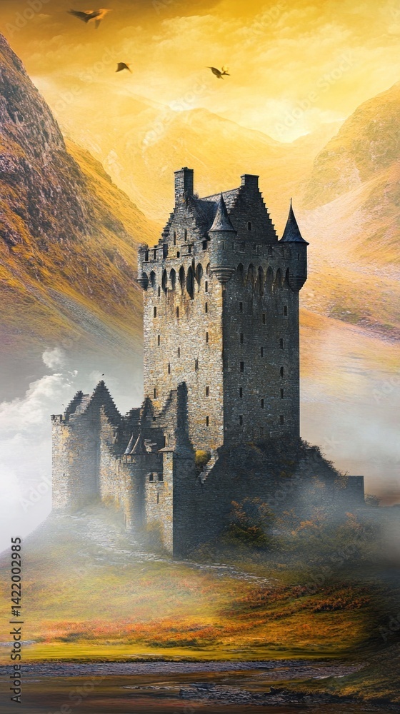 Mystical Castle in Misty Highlands: A Fairytale Landscape