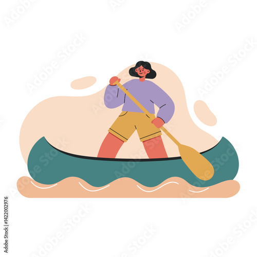 Woman paddling canoe on water in casual leisure activity illustration vector