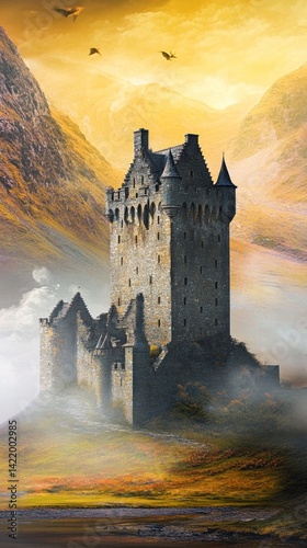 Obraz na płótnie Mystical Castle in Misty Highlands: A Fairytale Landscape w salonie