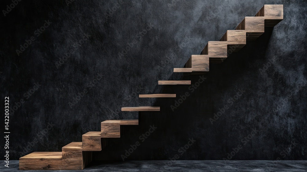 Ascending Wooden Steps Against a Dark Wall: A Minimalist Architectural Image