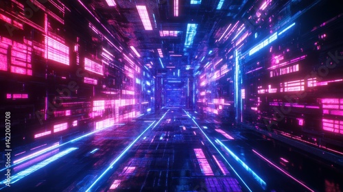 Obraz na płótnie Neon Cyberpunk Corridor: A Futuristic Digital Dreamscape w salonie