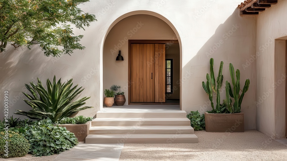 Fototapeta premium Warmtoned bohemian adobe house with curved archways, rustic textures, and lush desert landscaping