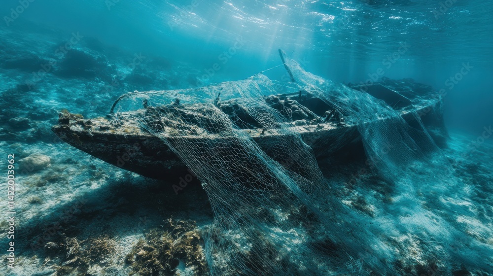 Sunken Shipwreck Entangled in Fishing Net: A Underwater Scene