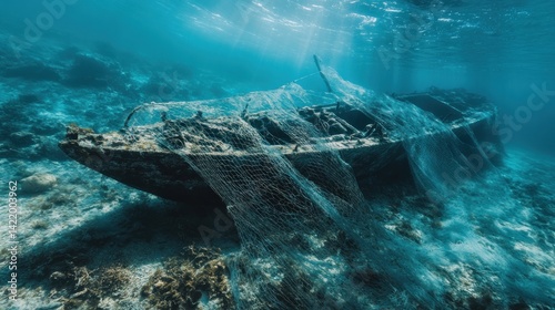 Obraz na płótnie Sunken Shipwreck Entangled in Fishing Net: A Underwater Scene w salonie
