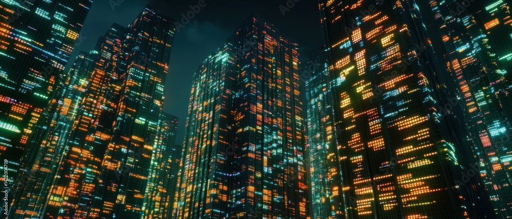 Cyberpunk Cityscape: Illuminated Towers at Night